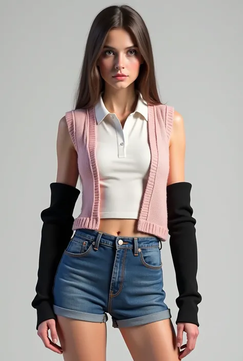 blue jean-like long sized high waist short with light pink knitted sleeveless sweater, black styled short sized arm warmers for fashion, and a white polo with long sleeves all the way to the wrist