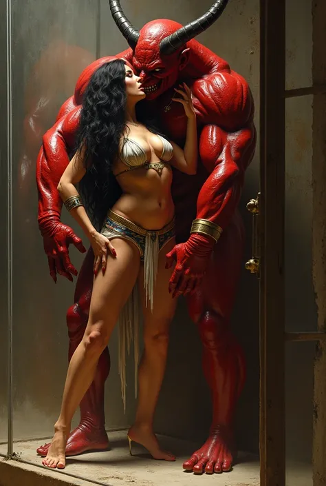 In satan place,Egypt goddess, fit body, muscular with abs, huge breast and deep cleavage huge thighs and long legs. Satan mouth on her breast Full transparent, in bedroom.  , breast pressed on , body press ed on glass, devil sexy satan oversized figure  re...