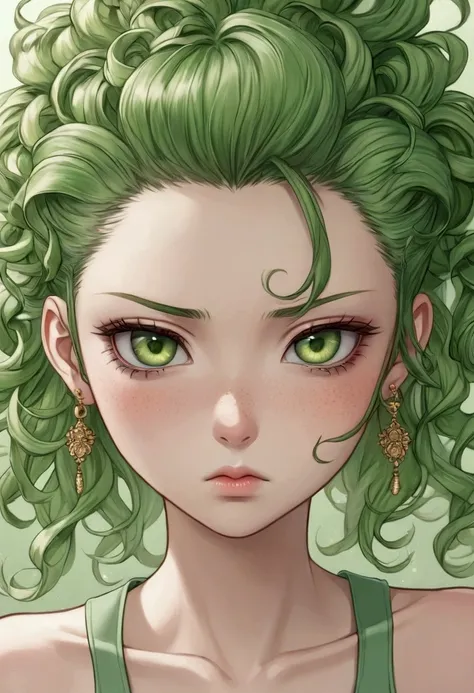 asian high school girl, focus on eyes, close up on face, pouting, wearing jewelry, apple green color hair styled Faux Hawk with Curly Hair, freckled face, slender, pale, shiny skin, anime, manga, 
