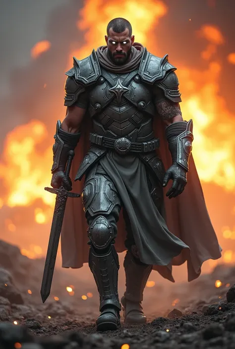 Fearless heroic white eyed tall jacked Batman wearing a grey and black tatical suit inspired by the templar knights holding a he man type sword with his right hand calmly walking through the huge fire and a explosion at a black background