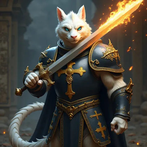 White furred dragon holding a flaming longsword. Wearing black midevil crusader armor with gold lining, and a gold cross in the middle. High Resolution, Masterpiece, Best Quality, Detail, furred dragon anthropomorphic. Blue eyes, intimidating gaze.
No horn...