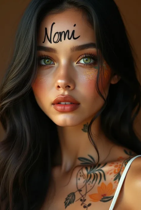 a girl with green eyes, long black hair, stunning coffee-inspired makeup, extremely detailed face, beautiful detailed eyes, long eyelashes, delicate facial features, detailed skin texture, luxury makeup, holding a makeup palette with the name NOMI written ...