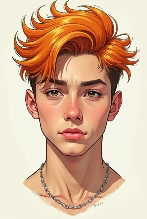 Create the face of a 20-year-old teenager with messy, multi-toned orange hair cut short on the sides.
The image is a drawing. The definitions of his face are similar to those of North Americans., especially Mexicans Make it more masculine His expression is...