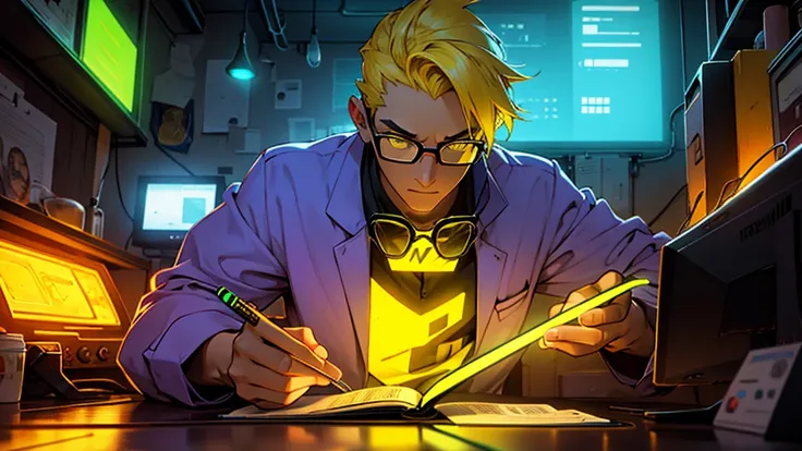 create a nerd with cauuz and glasses , and a yellow neon light reflecting on it 