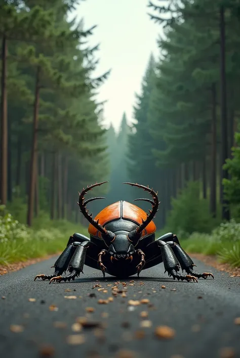 Put a Beetle on a road with a pine forest on the side