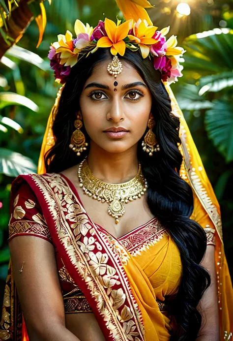 a beautiful young indian woman, detailed face, piercing eyes, full lips, long eyelashes, long dark hair, flower crown, sari, gol...