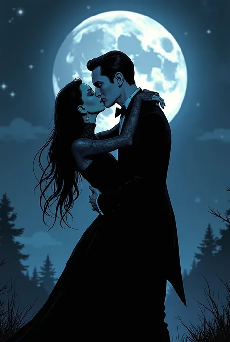 Morticia and Homer Addams. Drawing as a reference to the interpretation by the actors Anjelica Huston and Raúl Julia. Kissing passionately on a beautiful, dark night. How The Addams Family (1991)