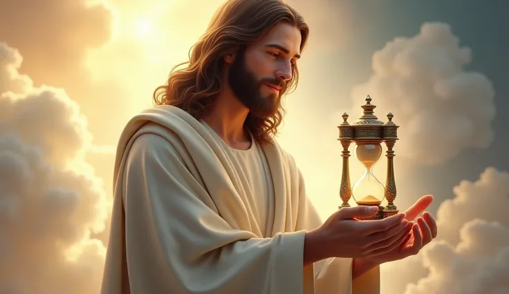 Generate a realistic image of Jesus Christ in heaven holding a sand clock in his hands