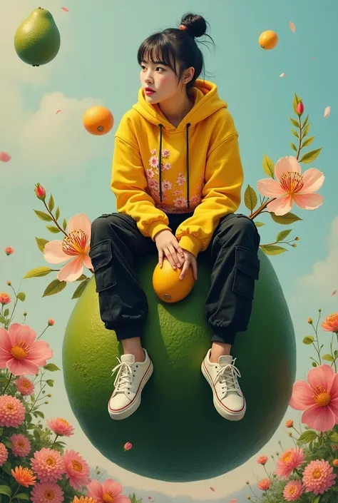 Cinematic photorealistic Unique surreal painting depicting a beautiful Korean woman with smooth white skin and a naturally beautiful face.,Hair tied up in a bun with bangs ,a happy woman named santi perched on a giant avocado. avocado yang ia duduki terseb...