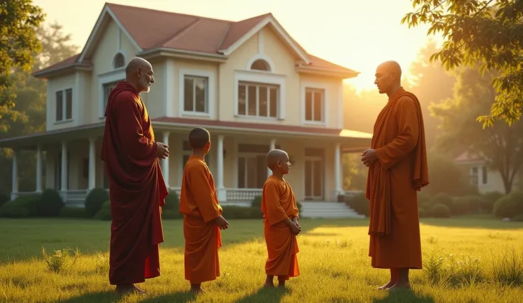 
"Create a hyperrealistic image of the elderly Buddhist master and his young disciple standing in conversation with a farmer who is now dressed as a wealthy businessman. The master, with his shaved head and peaceful expression, wears his saffron and maroon...