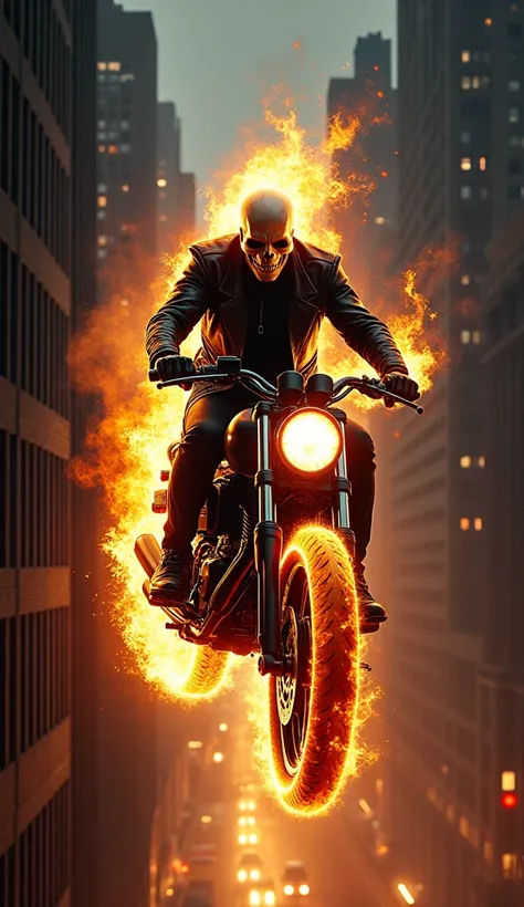 FGet inspired by GHOST RIDER: Riding Through New York City to create a captivating movie poster. Ghost Rider has a skull face and wears a black leather suit. Ghost Rider rides through the streets of New York at night on his Harley Davidson. In his right ha...