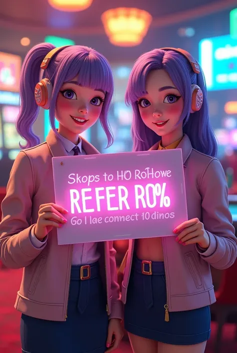 PG SLOT >> [chang123th.featuring] Direct web, upper body, two beautiful Thai women holding a sign "Refer Friend Get Up TO 50K " Cheerful, Happy, Casino Background, Thai Dress, Real Cartoon Pixar, Broken Chest, Standing Behind Poker Table, White Skin , Best...