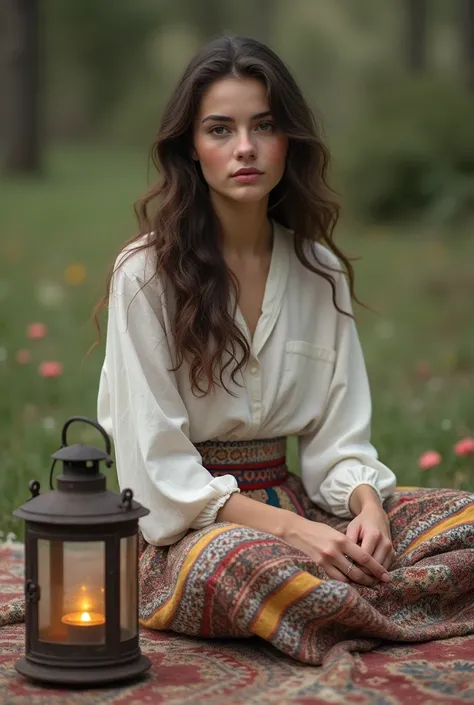 (photorealism:1.2), a tatarstan beauty and sweet 17 yrs old  girl, long brown black hair, wear a white shabby blouse and a long batik sarong, sit on a rugs comfortly, in a morning, lower angle, side view, looking gorgeous, old lantern infront her