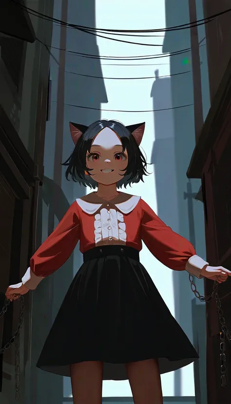 Real。photograph。Cute girl child。黒い目。cowboy shot。forehead。a realistic extremely detailed portrait of a girl with short black hair, cat ears,Being thin,Slender body。 realistic skin, Black Skirt。Wearing a red silk dress。Chain Accessories。smile。Standing in a m...