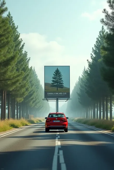 in the center, on an island of the road, there is a large billboard with a picture of a pine tree, which says "Welcome to PINE VALLEY ", one red Skoda car is driving with its back to us, and pine trees on the sides of the road. The modern age. 21st century...