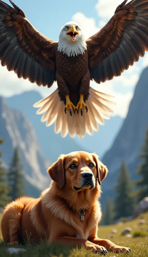 An eagle and a brown dog (show in two separate images)