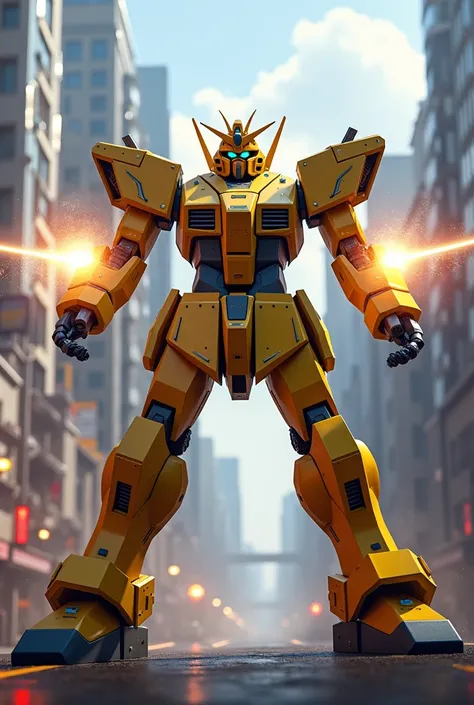 Yellow Gundam dual laser guns in a city battleground 