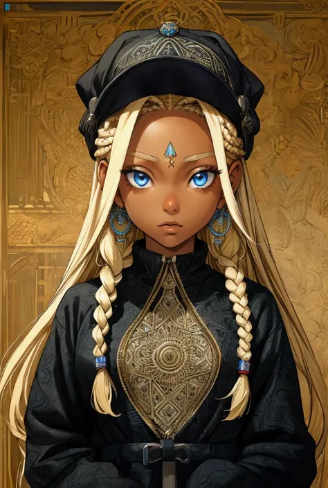 A gurl with tan skin, blond boxbraids/ long hair, she has auqa blue eyes,  shes a chill girl in  balck casual clothing.