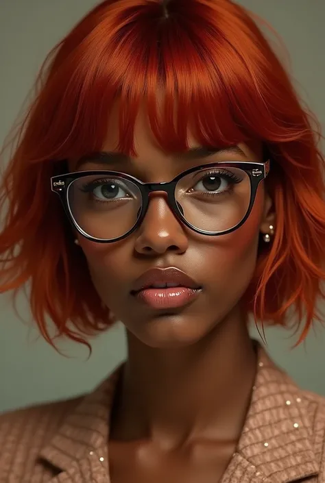 Redhead dark skinned girl with bangs wearing glasses 