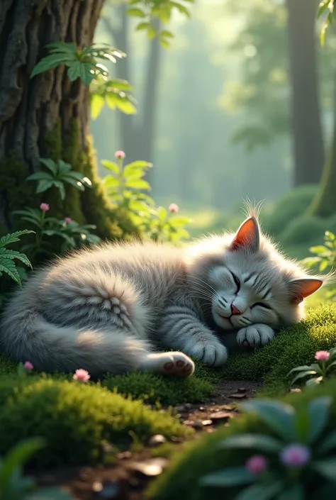 A young Siberian Forest Cat sleeping in a lush forest