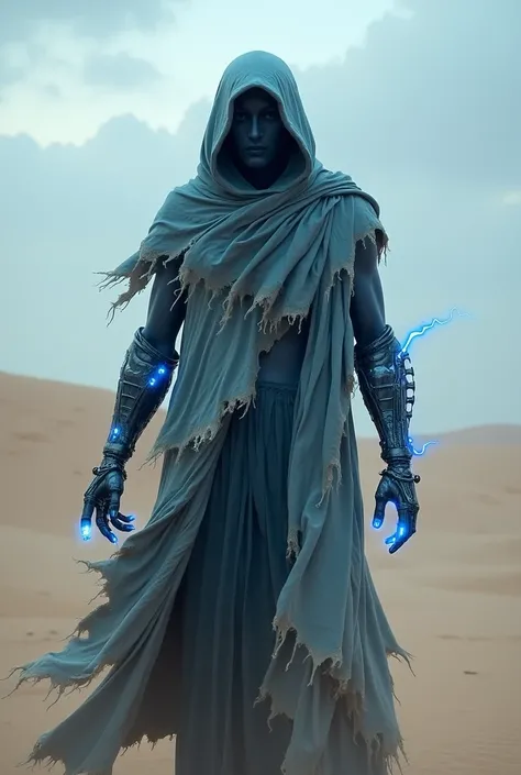 Fantasy-themed digital artwork featuring a mysterious, cloaked figure in a desert landscape. The figure is draped in flowing, tattered robes of various shades of blue and gray, with a hood obscuring their face. Glowing blue lights emanate from within the h...