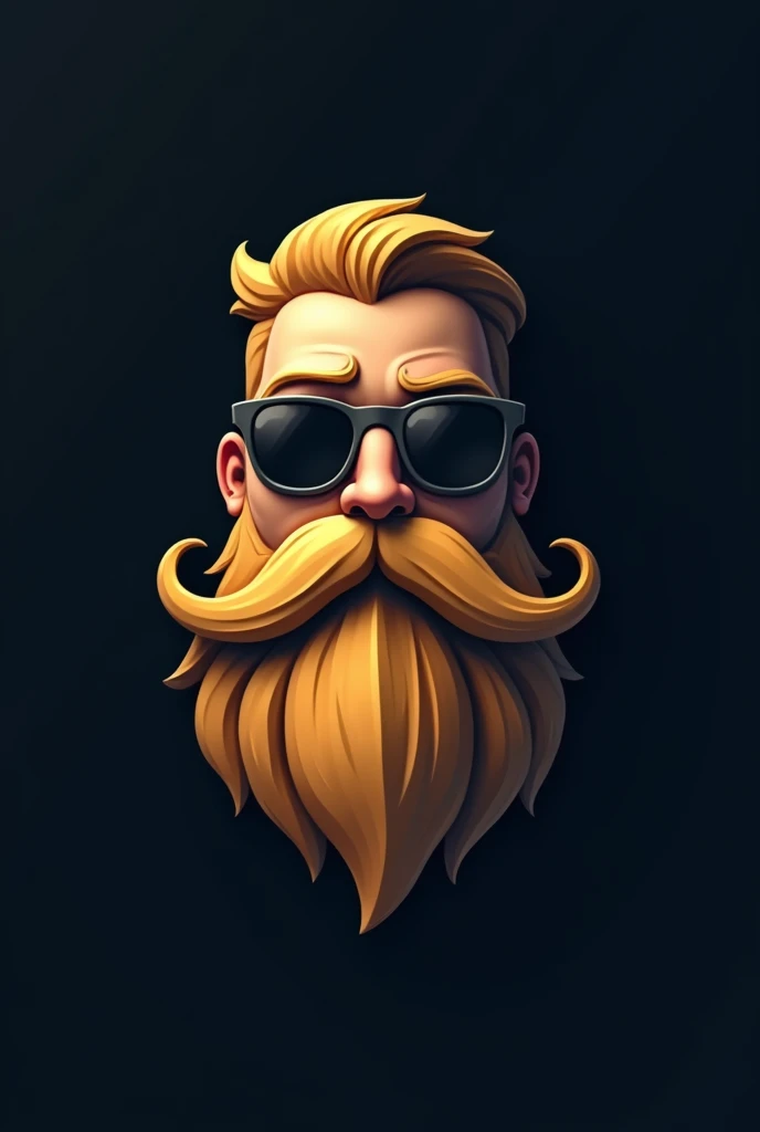 Create a logo featuring a stylized human face with a full beard and a large, bushy moustache that curls at the ends, reflecting a strong character and a friendly expression. The face should have an oval shape with expressive eyes that convey personality. U...