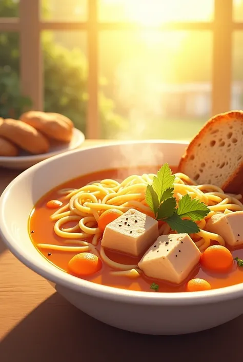 Ceate Chicken noodle soup for morning breakfast attractively and yummy graphic photo , morning with beautiful sun , full of morning vibe.a graphic image,.not real image