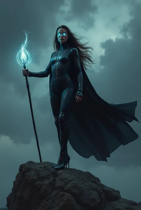 "A highly detailed image of a female superhero with magical powers, dressed in a sleek, black elastic suit adorned with glowing runes and mystical symbols. The suit clings to her muscular physique, with flowing capes of dark mist around her. She stands on ...