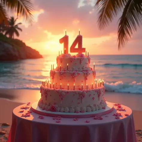 Un super gateau danniversaire sur une table devant une plage, lever de soleil, le chiffre 14 en  bougies