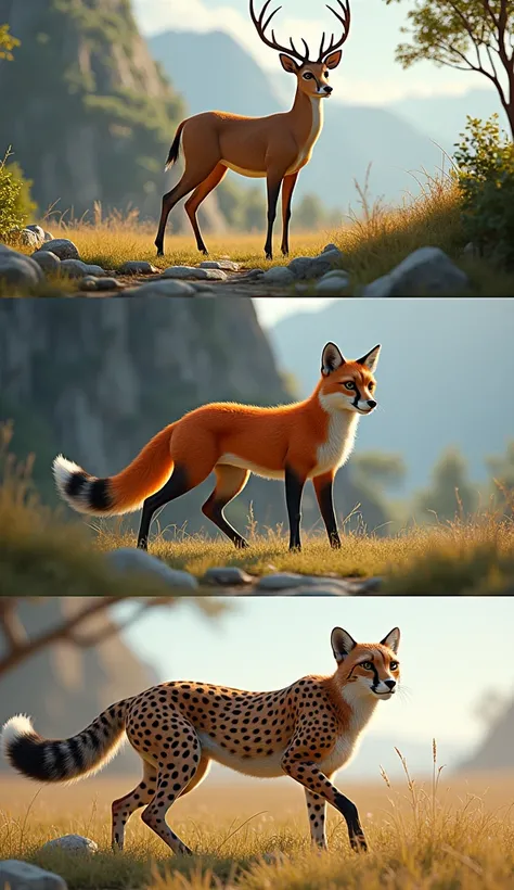 A deer and a fox and a cheetah (show in three separate images)