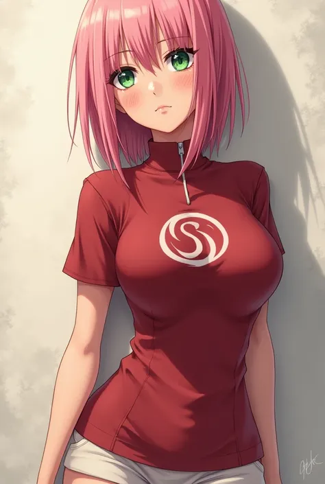 Sakura Haruno, real life, beautiful, Shoulder length hair, glowing, red clothes, uchiha logo, white shorts, SEKSİ, full body, sakura character face, green eyes