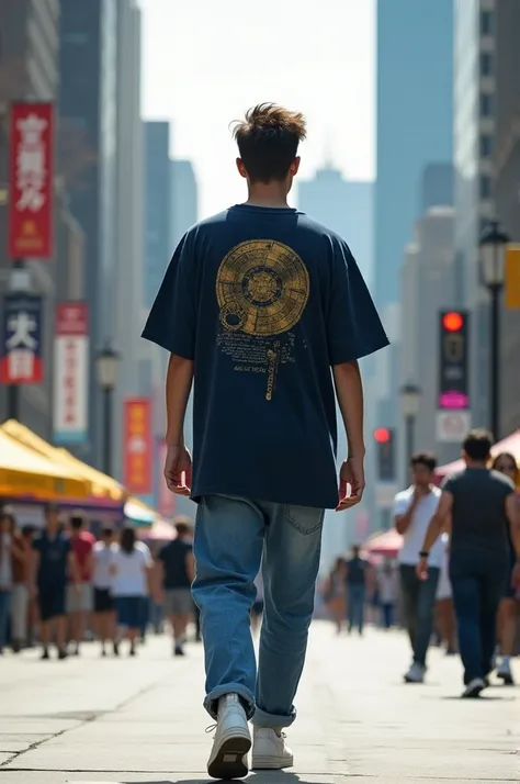 A 21 man  is wearing a dark blue oversized t-shirt with a gold graphic print on the back. He is also wearing loose fitting blue jeans and white sneakers. He is walking in front of a city background. The image is well-lit and the model is looking and realis...