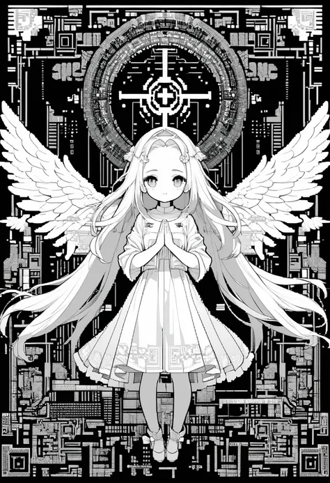 (ascii art style), Only numbers and symbols Create ASCII art of a forehead long hair cute white angel girl. 8bit, monochrome, pray.