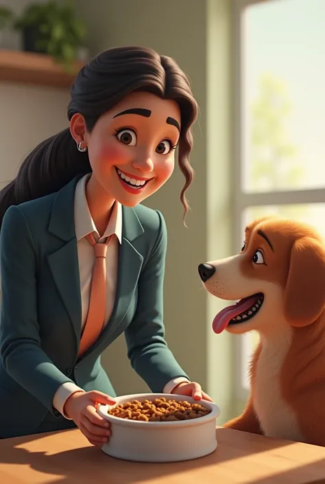 An image of a busy but happy Latino person in a business suit, serving a meal from a medium-tall circular plastic container (like a tub of ice cream) healthy dog food, to your dog, who is excited