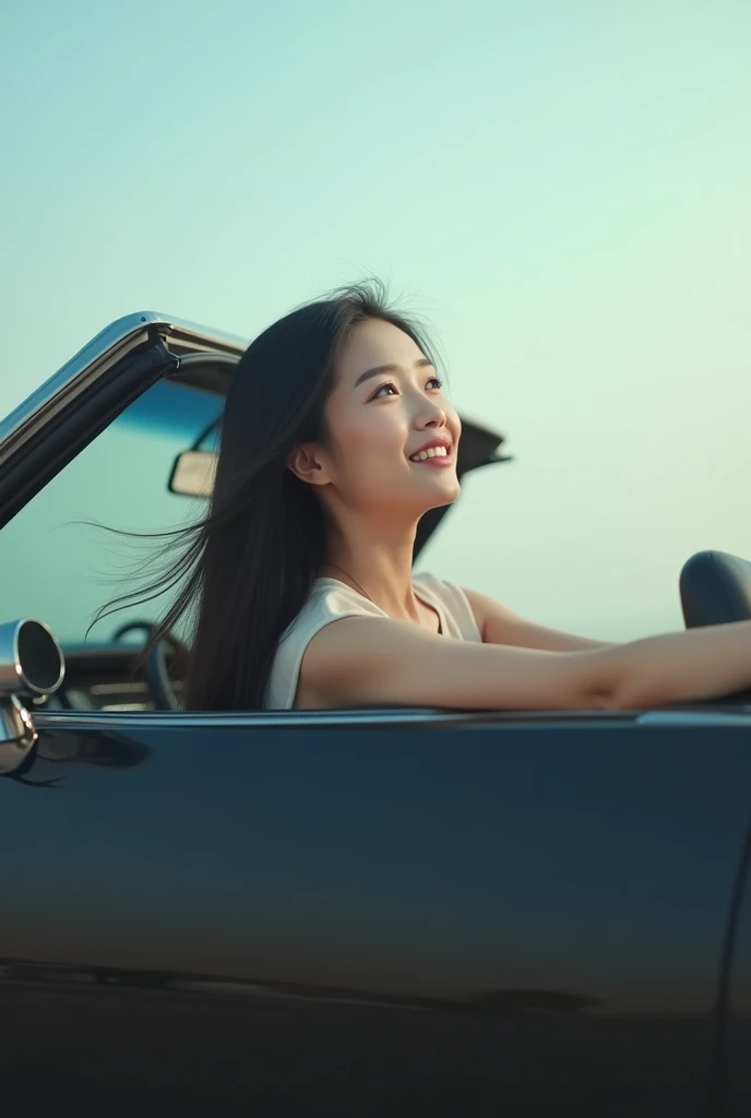 A downward-angled shot of a beautiful Asian woman with aethetic face, long black hair and sitting in the seat of a black luxurious muscle car, leaning her head out of the window and looking up at the sky. She has a peaceful smile, capturing a sense of free...