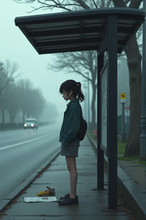 A woman standing alone at a bus stop with a sad or frustrated expression. The background includes an empty bus stop or the street, suggesting she missed the bus