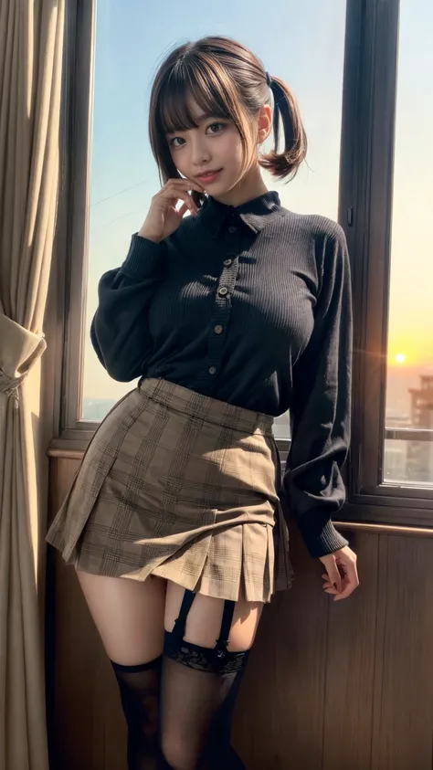 muste piece, best quality, illustration, Super detailed, fine details, High resolution, 8K,wall paper, perfect dynamic composition,(Details High quality, realistic depiction of eyes:1.3), short hair, (wavy hair:1.2), (Ruffled shirt、)(Checked mini skirt、red...