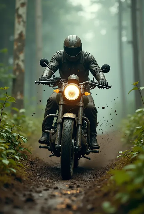 Everyone is looking at the amazing motor bike which has mud in it,it isa royal Enfield bike it is coming towards like a lion in the forest and this is happening in 3000 AD