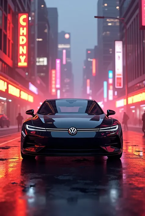 Volkswagen virtus in black colour inneon city with orange and pink lights 