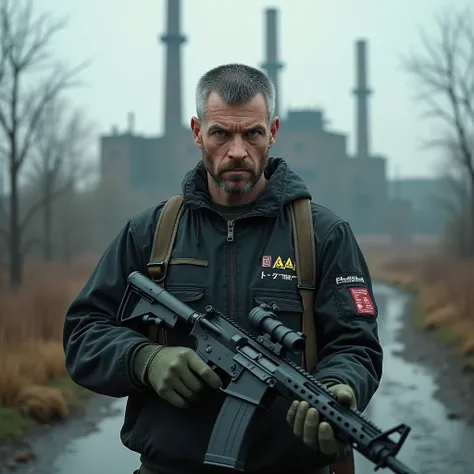 man, stalker in a Monolith jumpsuit with chevronsbelonging to the Monolith group, holds FN SCAR in his hands, looks at you, Scaling, photorealism, portrait,gray eyes, faded gray hair, very short haircut, throw, stands against the backdrop of the Chernobyl ...