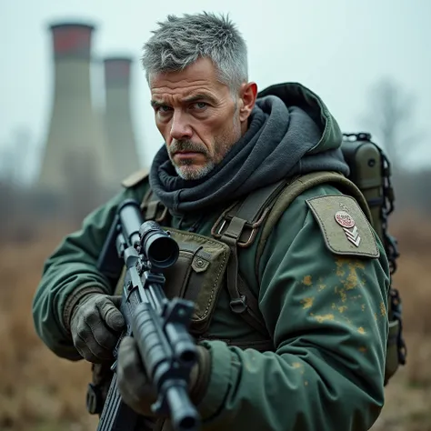 man, stalker in hard, dirty green Monolith exoskeleton with chevrons of belonging to the Monolith group, holds FN SCAR in his hands, looks at you, Scaling, photorealism, portrait,gray eyes, faded gray hair, very short haircut, throw, stands against the bac...