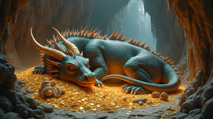 A majestic sleeping dragon, guarding a treasure in a cavern, 8k 