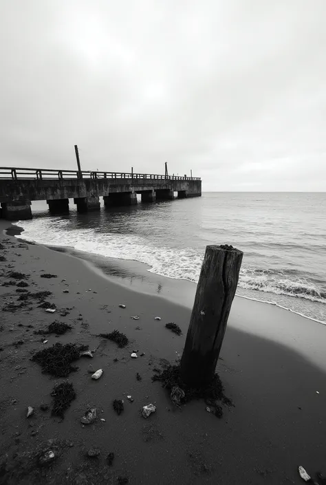 a moody, black-and-white photograph of a deserted beach with an old, weathered pier extending into the water. The scene is captured under a cloudy, overcast sky, which adds to the somber and atmospheric feel of the image.

In the foreground, the sandy beac...