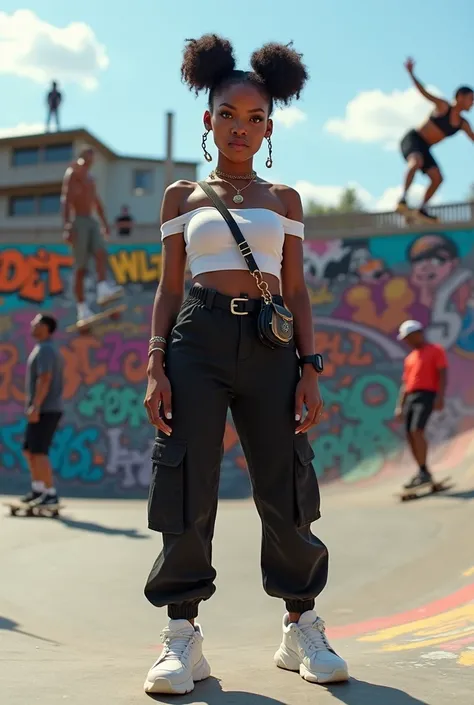 A curvaceous Black woman wearing a snug, white off-the-shoulder crop top paired with high-waisted black cargo pants, chunky white sneakers, and a crossbody bag. Her hair is styled in two space buns. The backdrop is an outdoor urban skate park, with graffit...