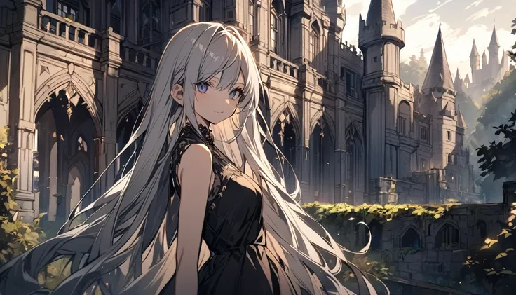 a girl in her twenties in a dress at a castle in a dark fantasy setting,black dress,inside the castle