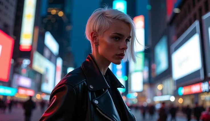 A stylish woman with short, sleek white hair walks through a bustling city at night. Neon lights reflect off her hair as she wears a chic, black leather jacket. The urban background is full of energy, with towering skyscrapers and illuminated advertisement...