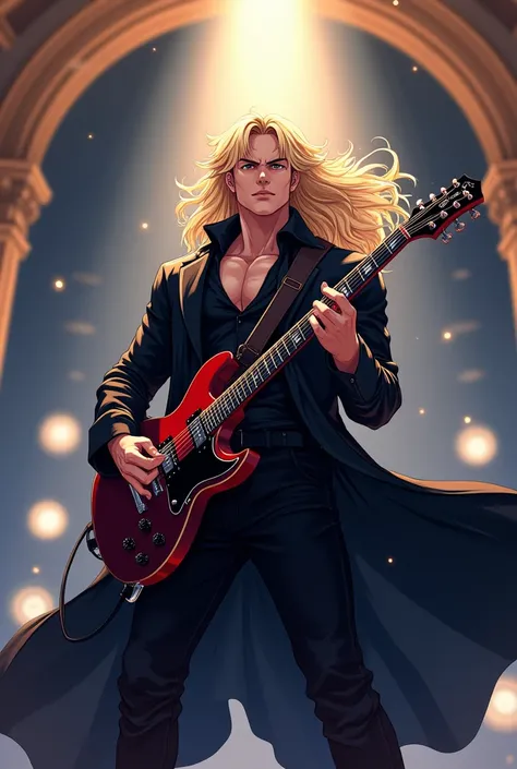 in anime style,athletic body type, with long blond hair,in a black coat ,man,electric guitar in hands,in the background there is a concert hall.