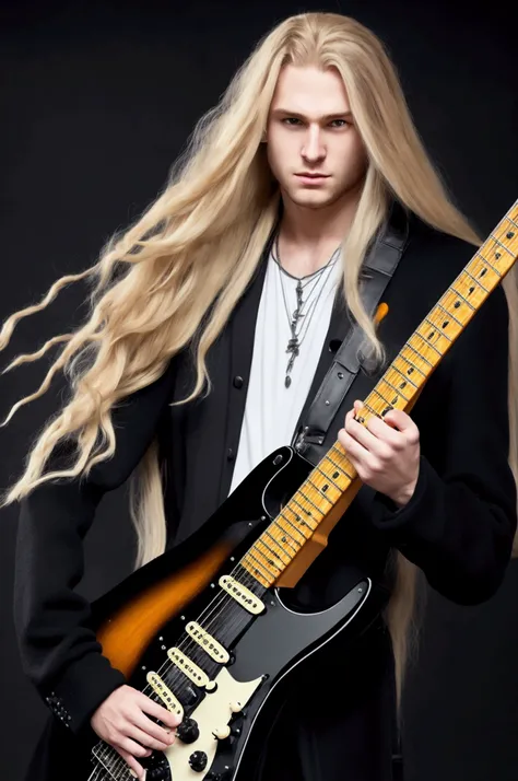 in anime style,athletic body type, with long blond hair,in a black coat ,man,in hands electric guitar stratocaster ,against the background of combo speakers.