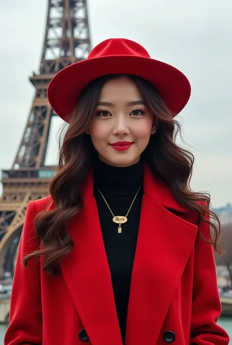 a korean model woman with long brown hair in big curls, wearing red winter coat and big red hat with ribbon, wearing a necklace with “PEN” engraved in it, looking directly and smiling towards the camera, the background should be in Paris’ Eiffel Tower, rea...