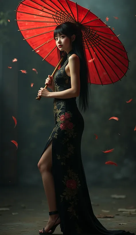 Beautiful Girl holding Chinese umbrella full body and with black Cheongsam, full body , sexy body and A lot of feather fell down., beautiful , girl , tattoo , Her face looks like an Asian girl ,Straight bangs,  long straight black hair, red lip , Cheongsam...